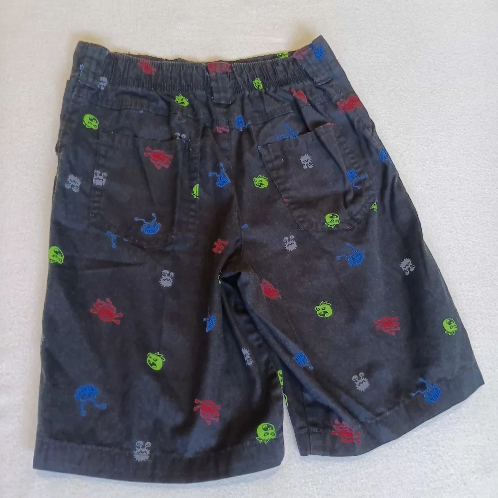 365 Kids Sz 8 Black Shorts With Fun Monsters All Over